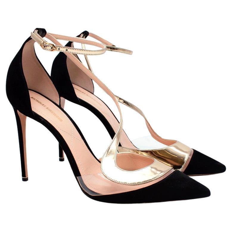 Nicholas Kirkwood Black Suede and Gold Metallic Leather Heeled Pumps