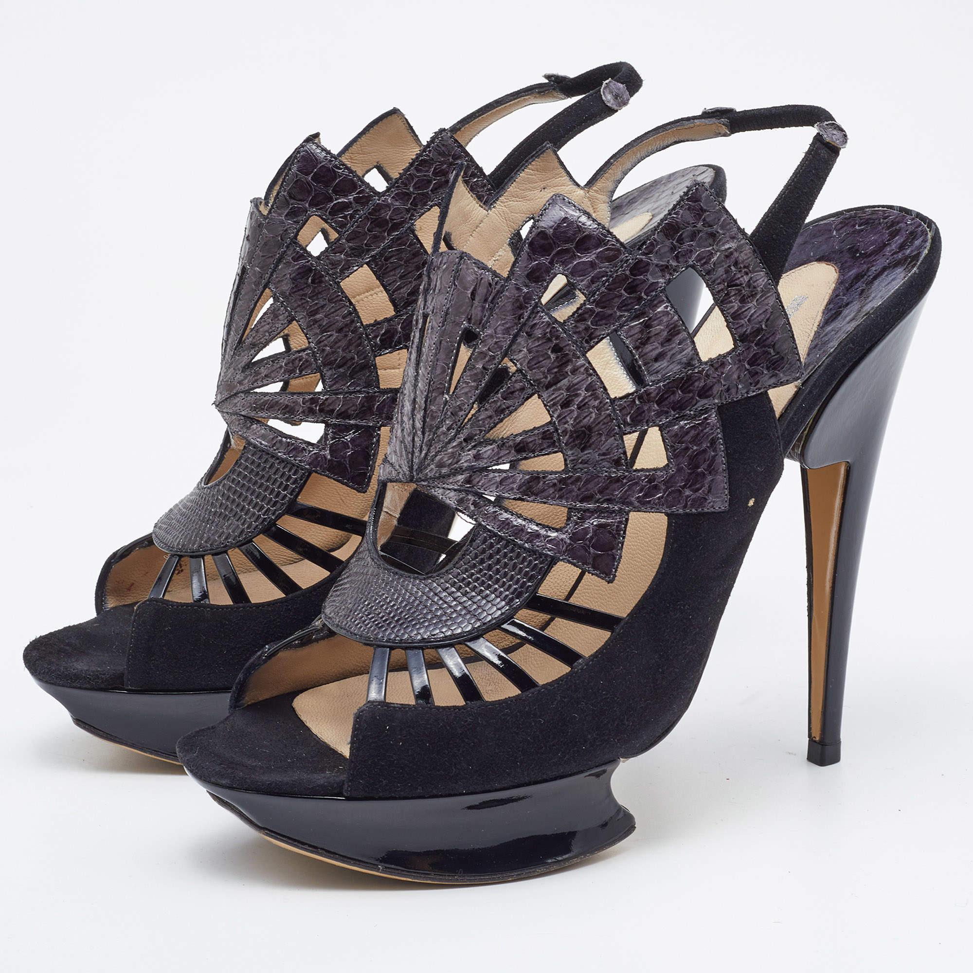 Deliver statement looks with these sandals from Nicholas Kirkwood From their shape and detailing to their overall appeal  they exude elegance. The sandals feature open toes  platforms  slingbacks  and stiletto heels.