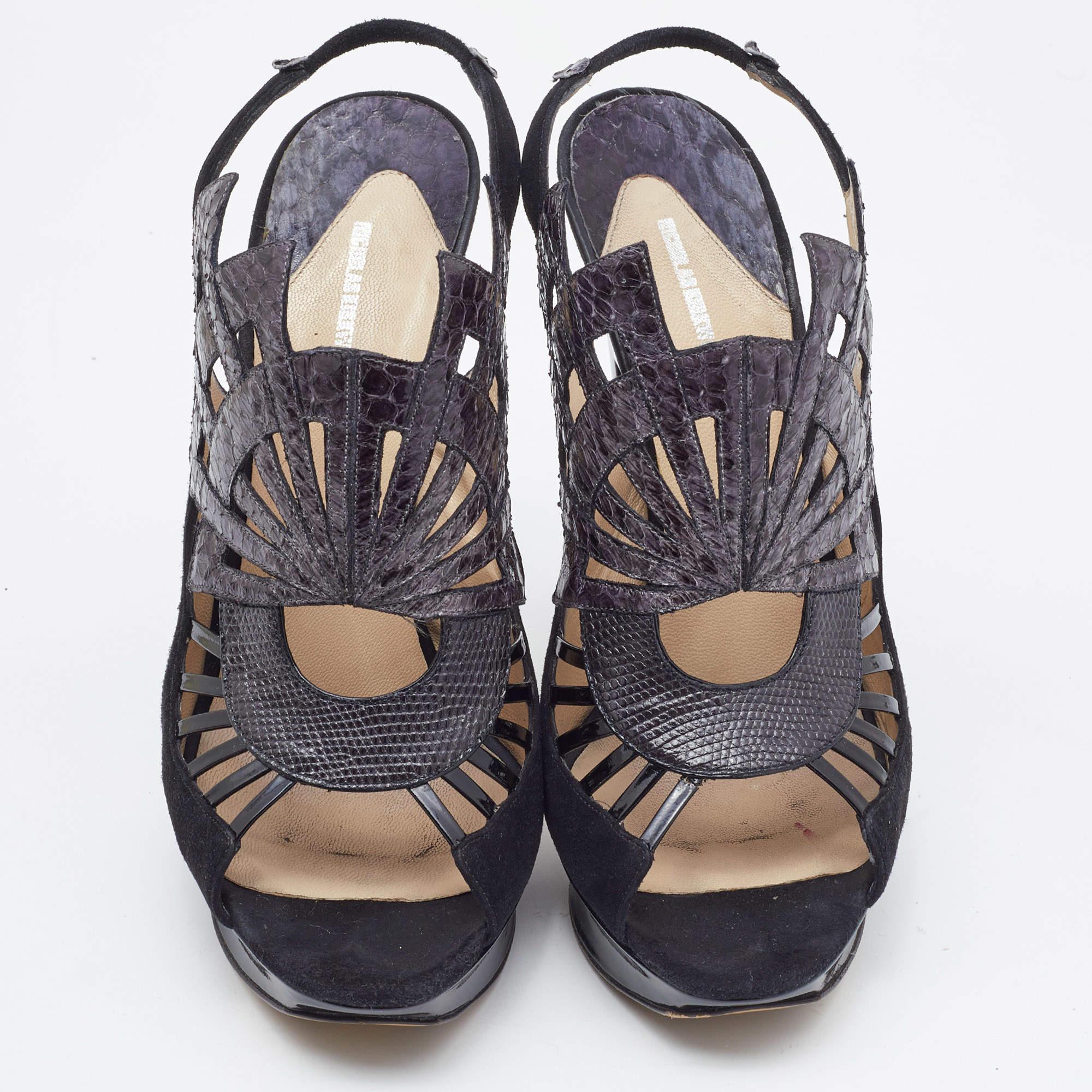 Nicholas Kirkwood Black Watersnake Leather and Suede Slingback Sandals Size 39 In Fair Condition For Sale In Dubai, Al Qouz 2