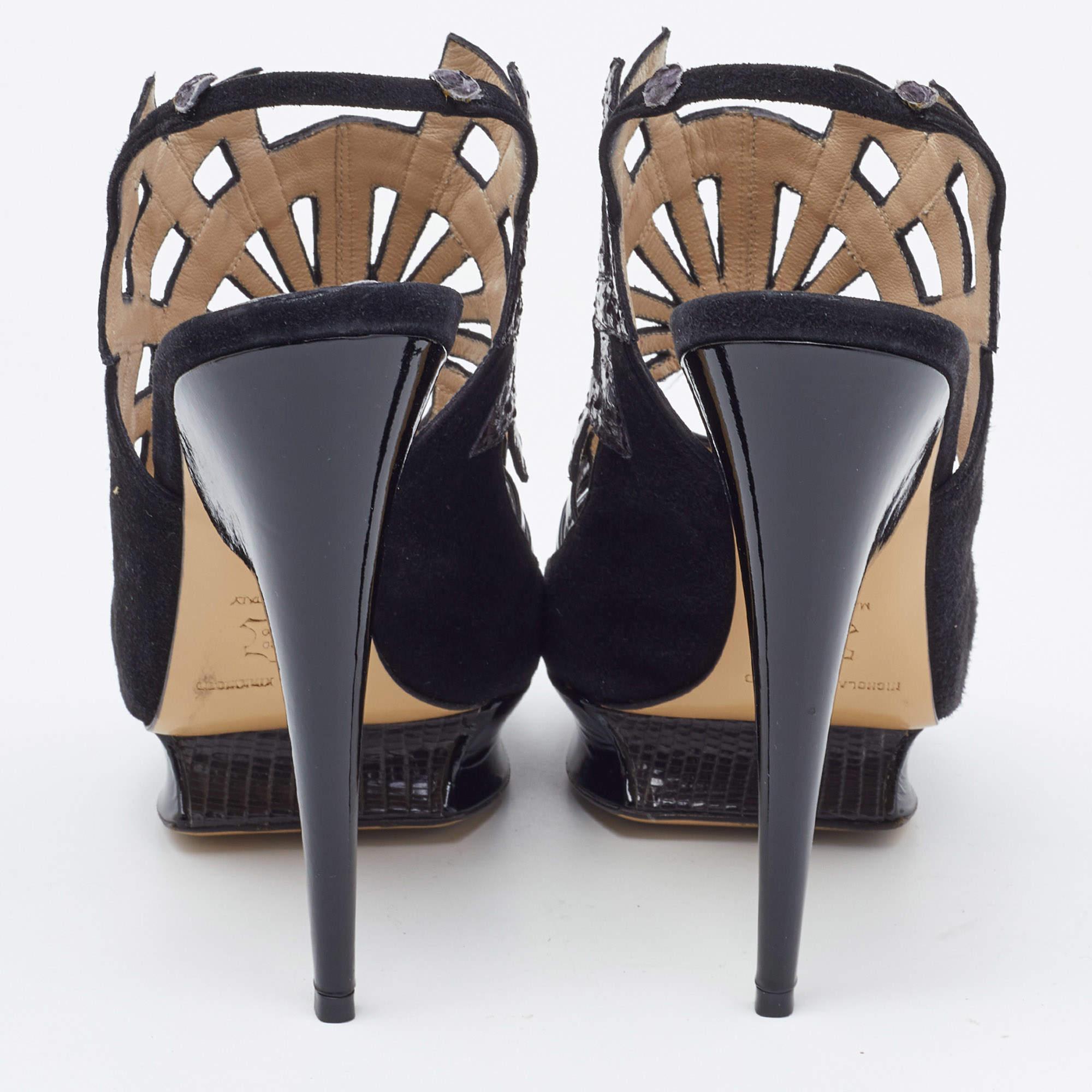 Nicholas Kirkwood Black Watersnake Leather and Suede Slingback Sandals Size 39 For Sale 1