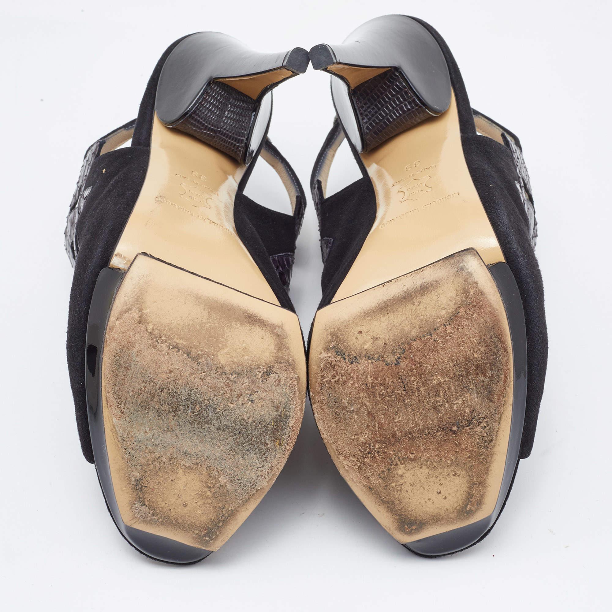Nicholas Kirkwood Black Watersnake Leather and Suede Slingback Sandals Size 39 For Sale 2