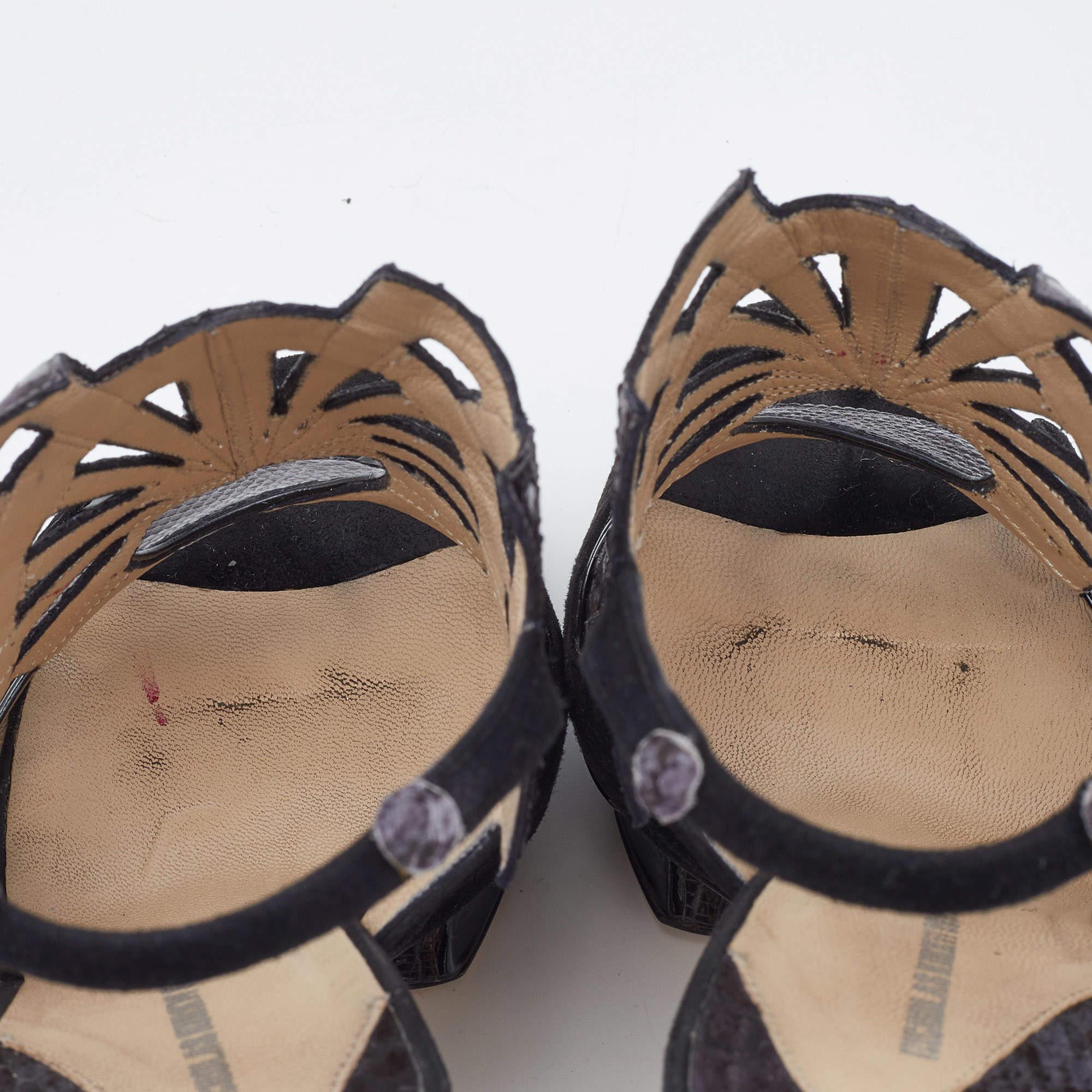 Nicholas Kirkwood Black Watersnake Leather and Suede Slingback Sandals Size 39 For Sale 4