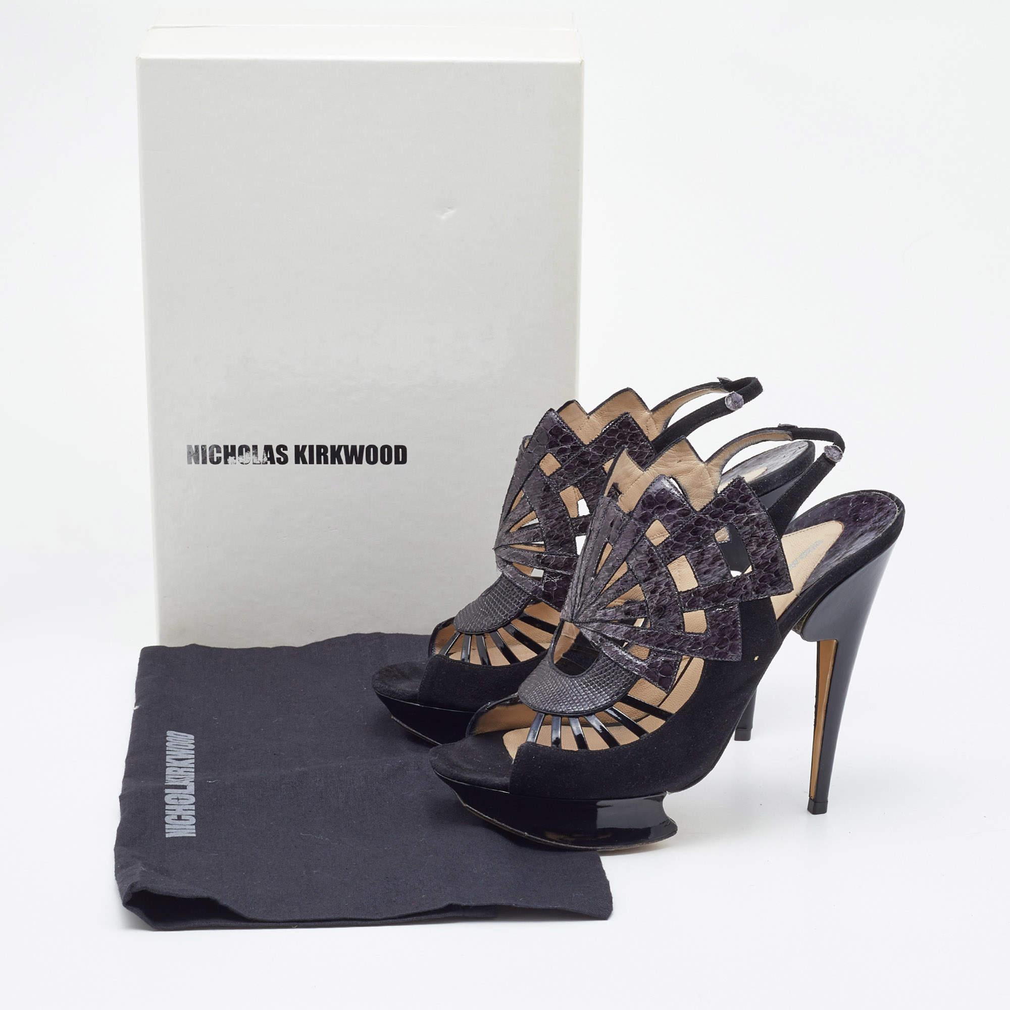Nicholas Kirkwood Black Watersnake Leather and Suede Slingback Sandals Size 39 For Sale 5