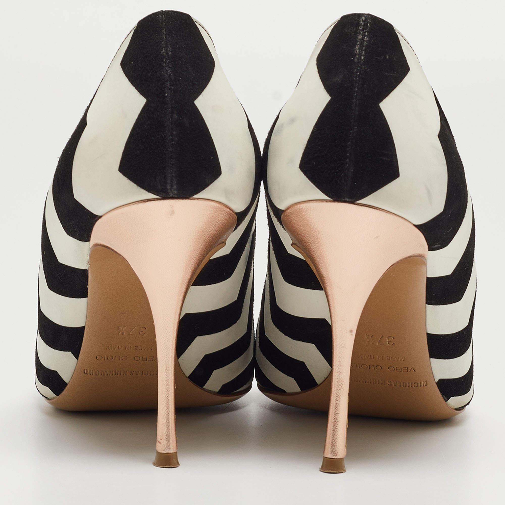 Women's Nicholas Kirkwood Black/White Suede and Leather Pointed Toe Pumps Size 37.5 For Sale