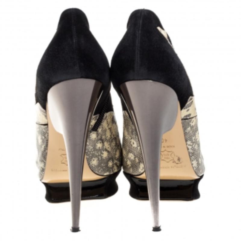 Nicholas Kirkwood Black/Yellow Lizard & Suede Peep Toe Platform Booties Size 40 In Good Condition For Sale In Dubai, Al Qouz 2