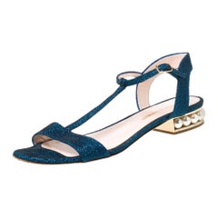 Nicholas Kirkwood Blue/Black Glitter Fabric T-Strap Casati Pearl Sandals Size 38