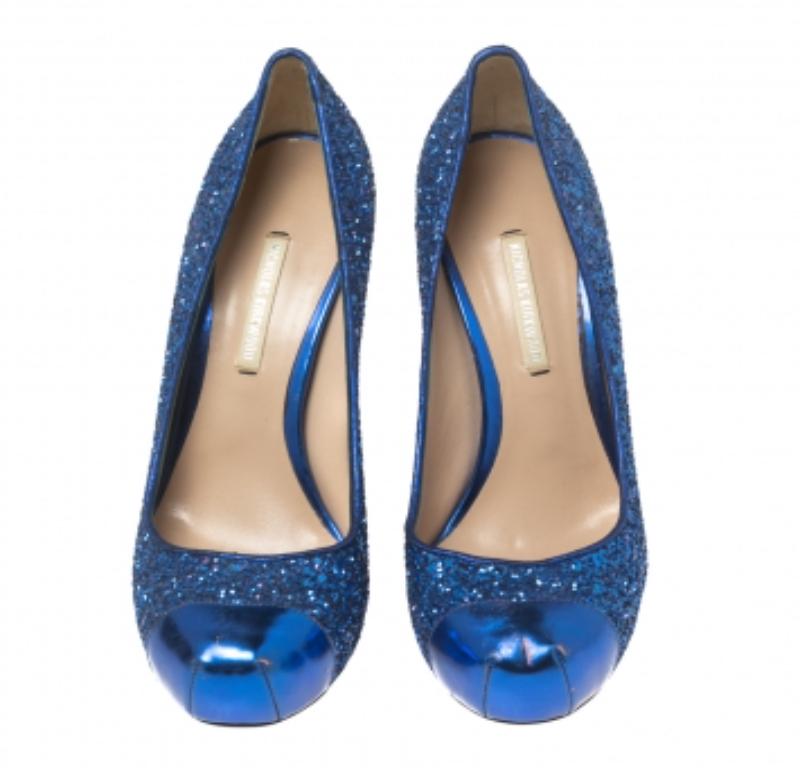 Women's Nicholas Kirkwood Blue Glitter Platform Cap Toe Pumps Size 37
