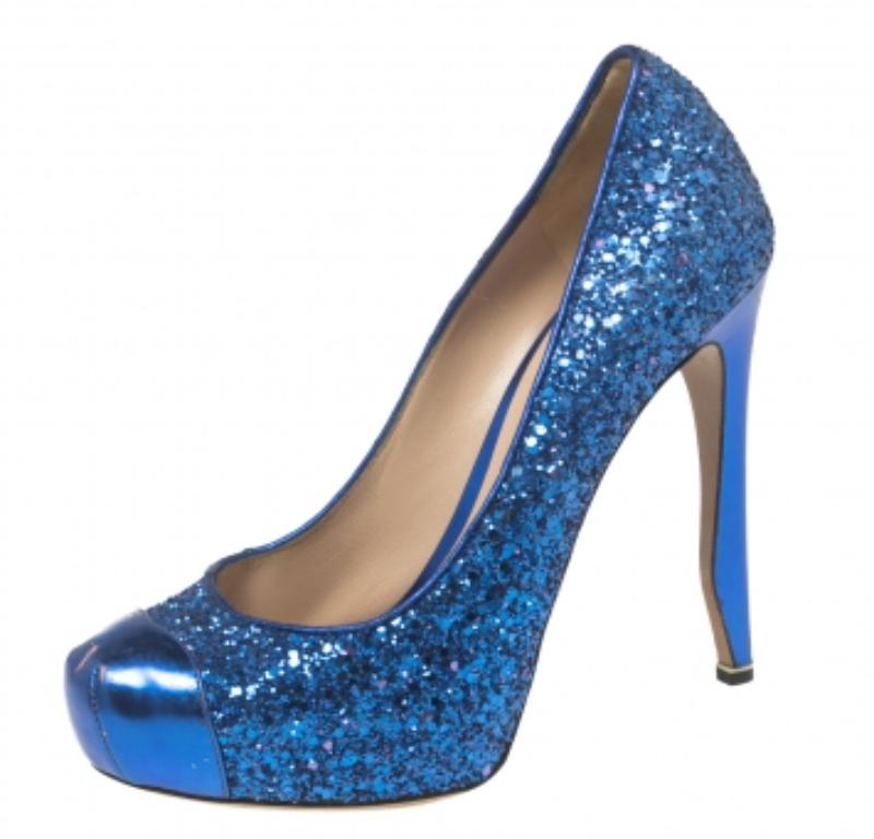 Nicholas Kirkwood Blue Glitter Platform Cap Toe Pumps Size 37 5