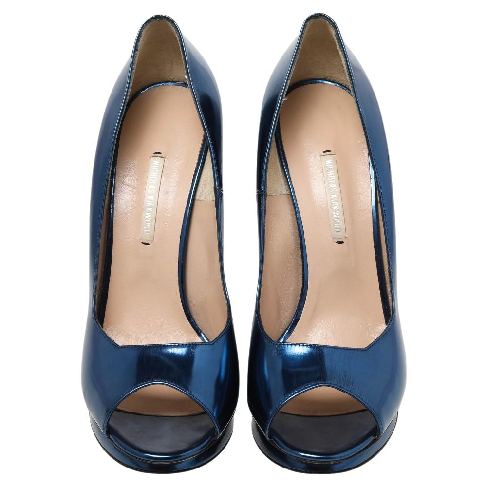 Women's Nicholas Kirkwood Blue Leather Peep Toe Pumps Size 41 For Sale