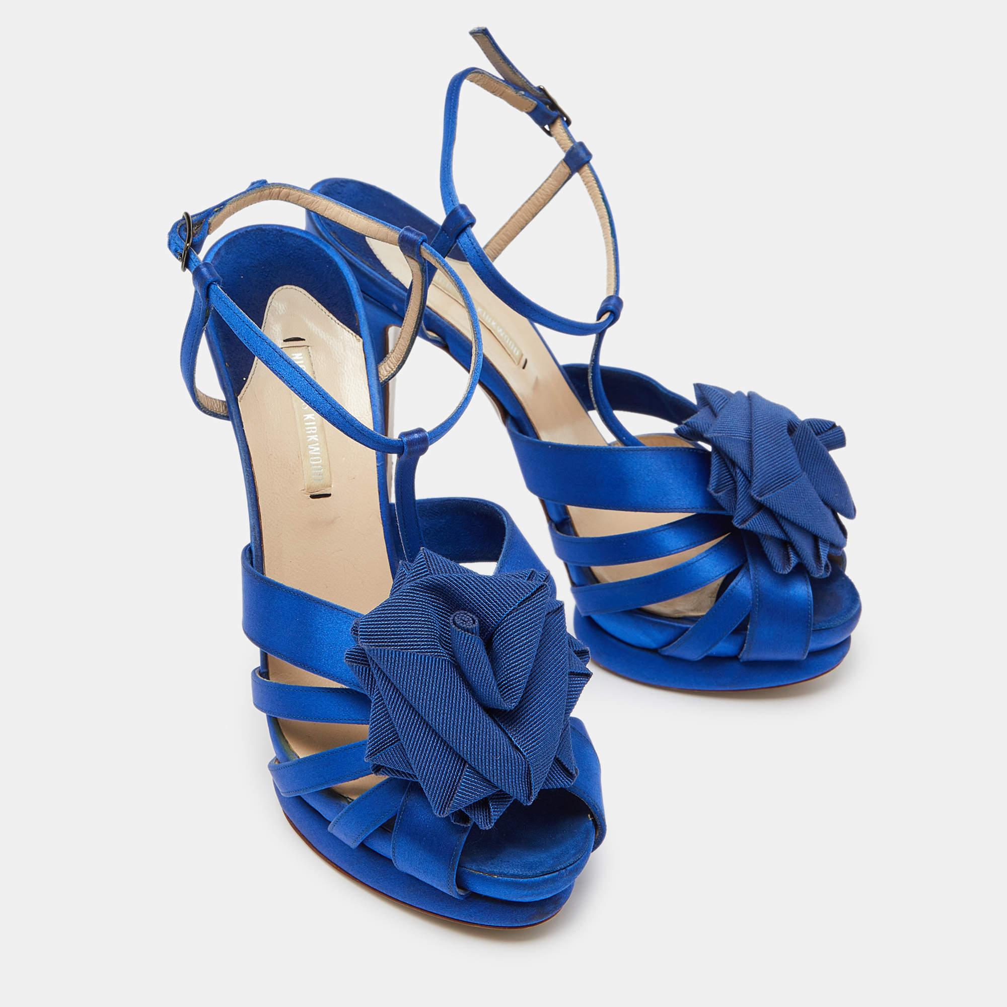 Women's Nicholas Kirkwood Blue Satin Platform Ankle Strap Sandals Size 39 For Sale