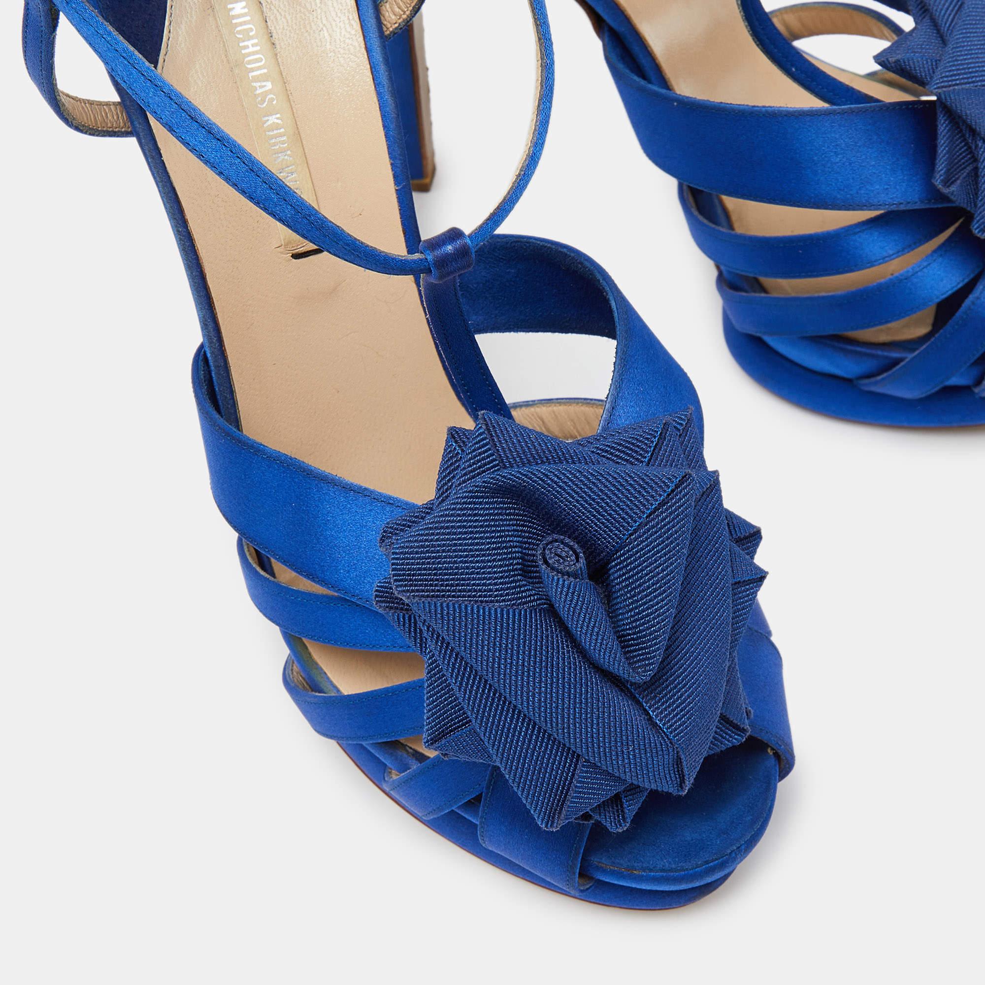 Nicholas Kirkwood Blue Satin Platform Ankle Strap Sandals Size 39 For Sale 4