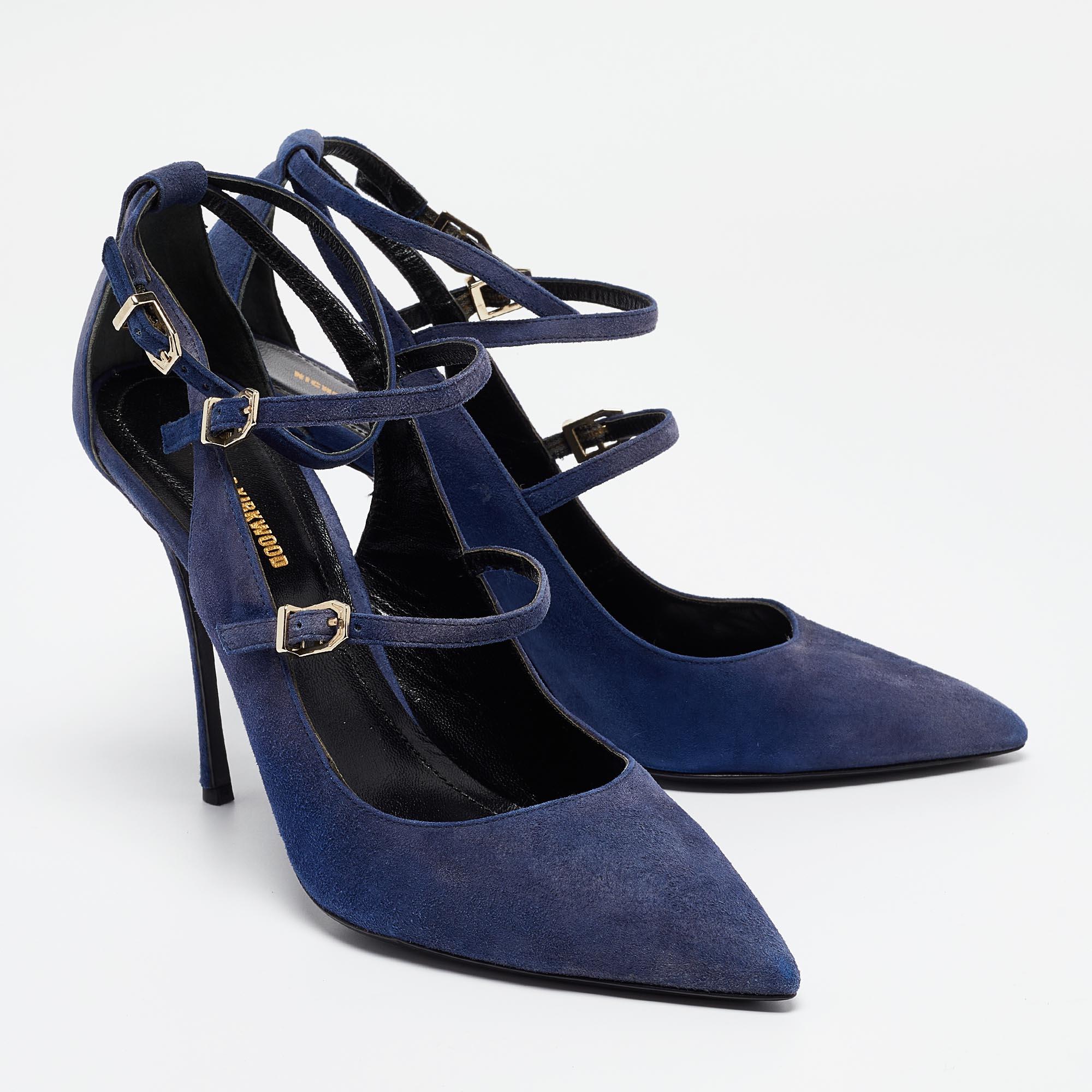 Women's Nicholas Kirkwood Blue Suede Ruffle Buckle Pointed Toe Pumps Size 39 For Sale