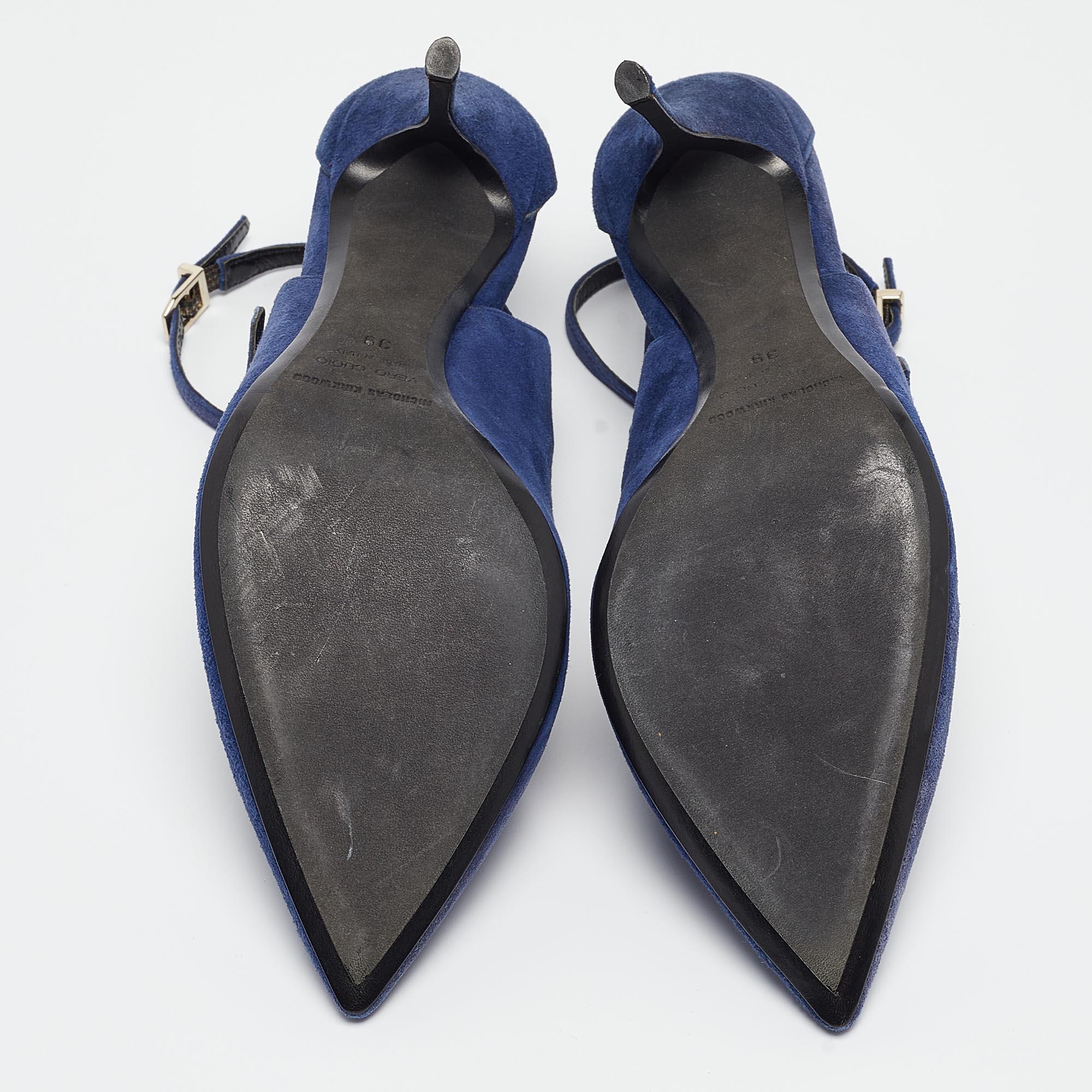 Nicholas Kirkwood Blue Suede Ruffle Buckle Pointed Toe Pumps Size 39 For Sale 2