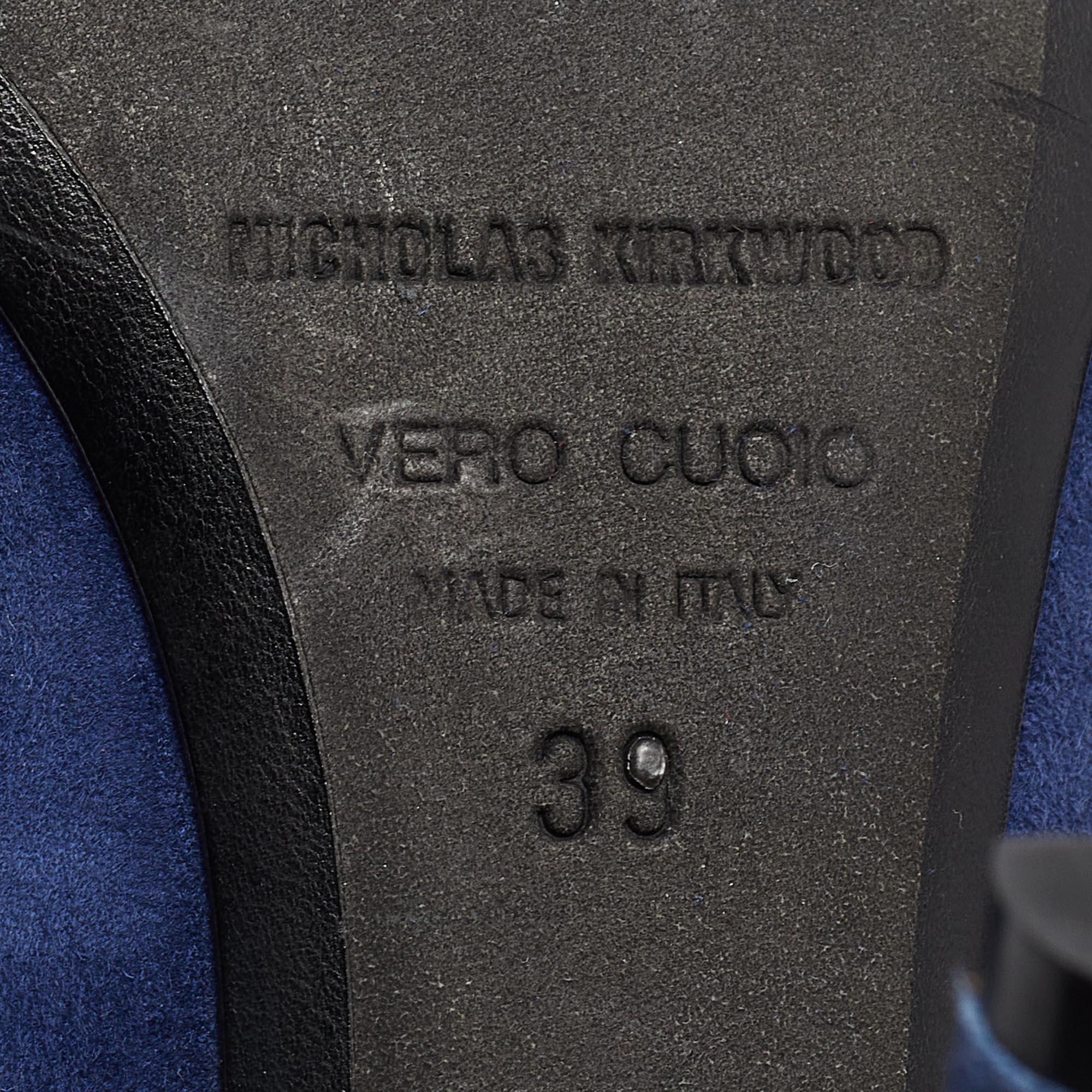 Nicholas Kirkwood Blue Suede Ruffle Buckle Pointed Toe Pumps Size 39 For Sale 3