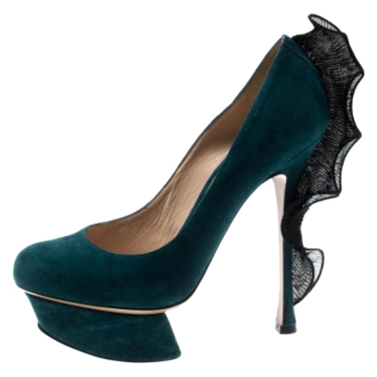 Nicholas Kirkwood Blue Suede Ruffle Trimmed Platform Pumps Size 36.5