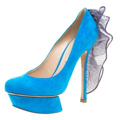 Nicholas Kirkwood Blue Suede Ruffle Trimmed Platform Pumps Size 38