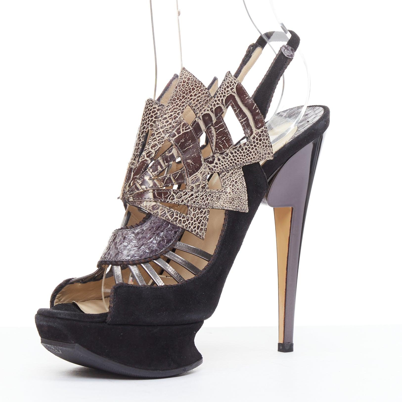 NICHOLAS KIRKWOOD brown black scaled leather platform sandals EU37.5 In Good Condition For Sale In Hong Kong, NT