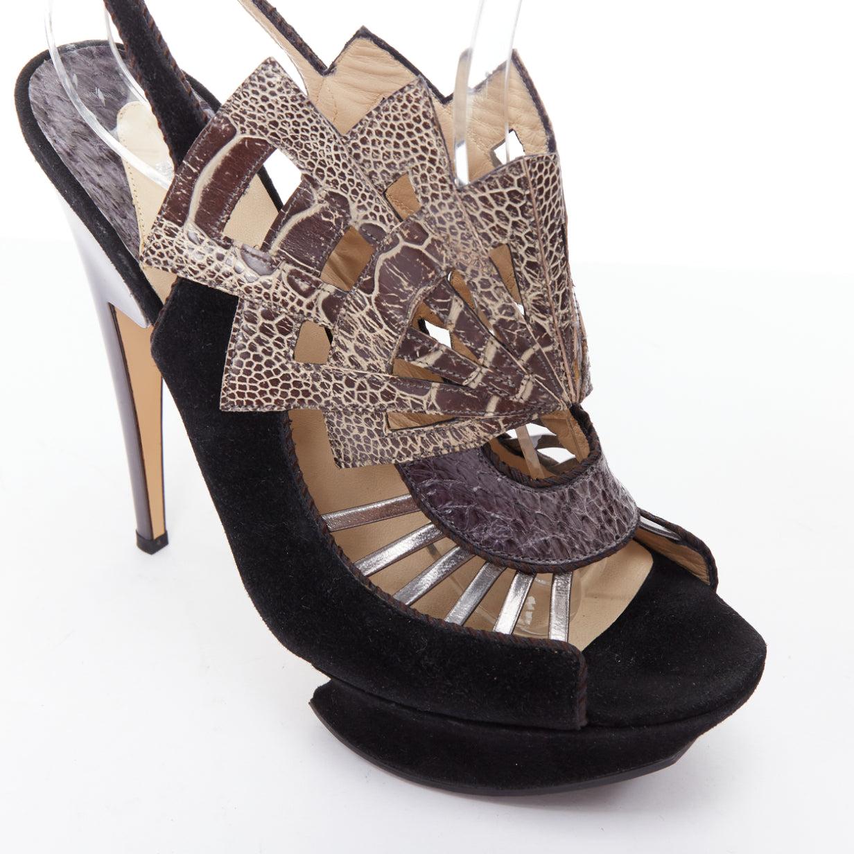 NICHOLAS KIRKWOOD brown black scaled leather platform sandals EU37.5 For Sale 2