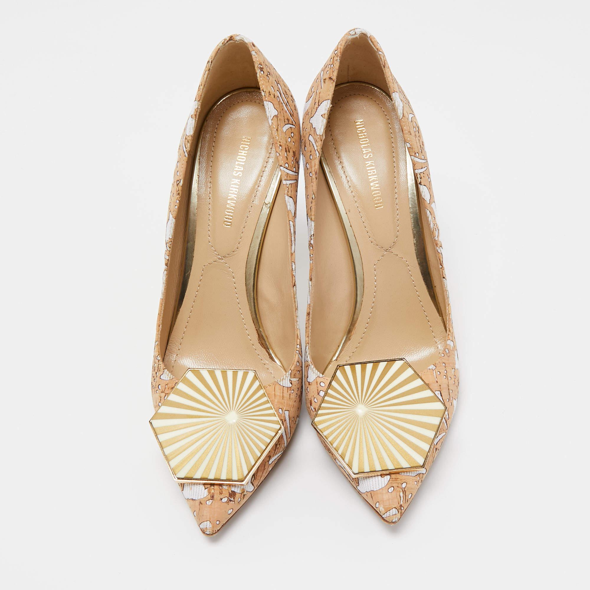 Beige Nicholas Kirkwood Brown/White Cork and Fabric Eden Pumps Size 37.5 en vente