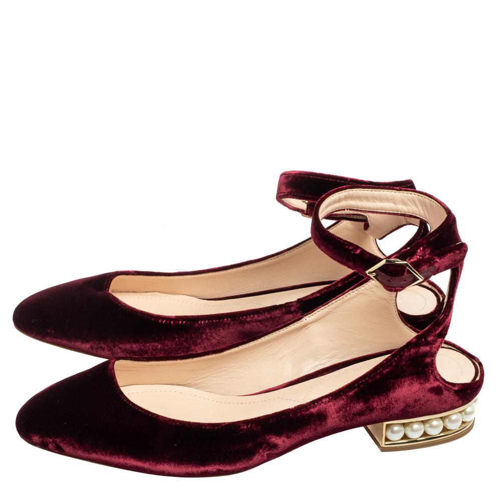 Beige Nicholas Kirkwood Burgundy Velvet Lola Pearl Ankle-Strap Ballet Flat Size 40