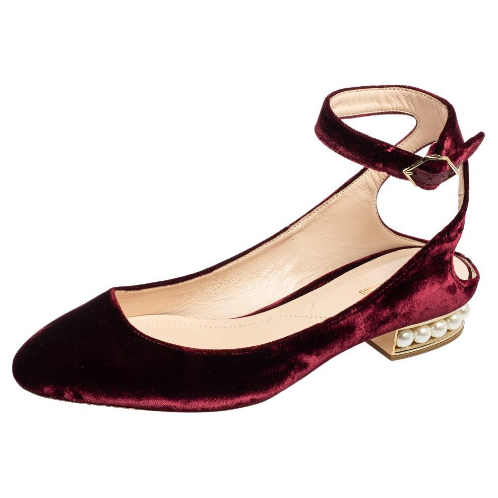 Nicholas Kirkwood Burgundy Velvet Lola Pearl Ankle-Strap Ballet Flat Size 40