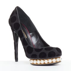 NICHOLAS KIRKWOOD Casati Pumps aus schwarzem Samt mit Polka-Dots und Perlen, Plateauabsatz, EU 37,5