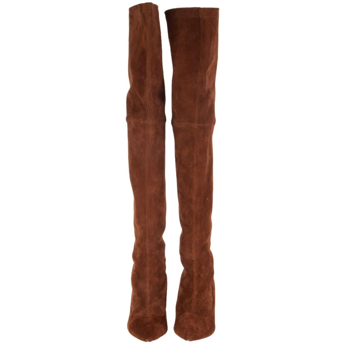 100% authentic Nicholas Kirkwood over the knee boots in brown stretchy suede with light gold-tone mirroed geometric heel. Brand new. 

Measurements
Imprinted Size	42
Shoe Size	42
Inside Sole	27.5cm (10.7in)
Width	7.5cm (2.9in)
Heel	5cm