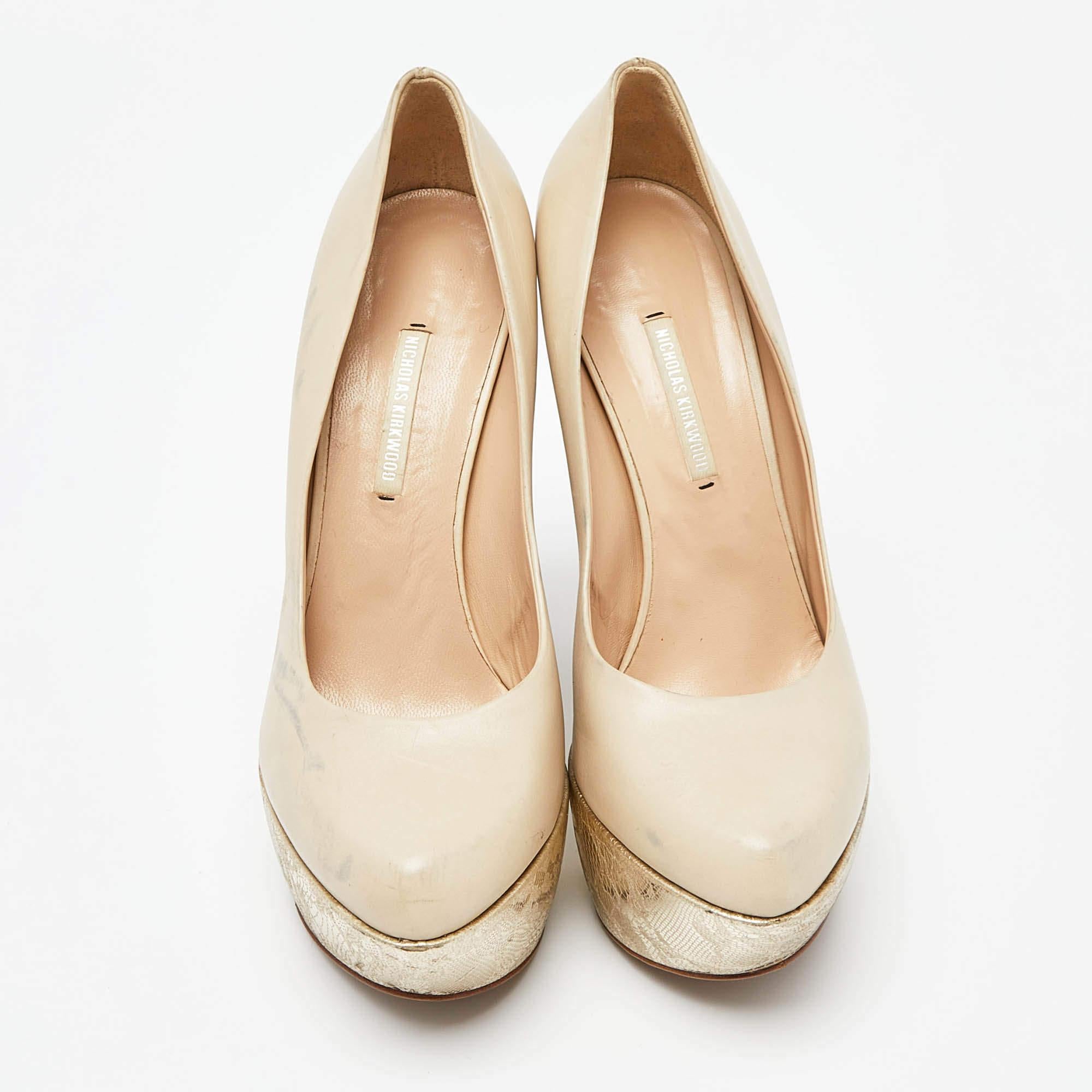 Beige Nicholas Kirkwood Cream Leather Wedge Platform Pumps Size 39 For Sale