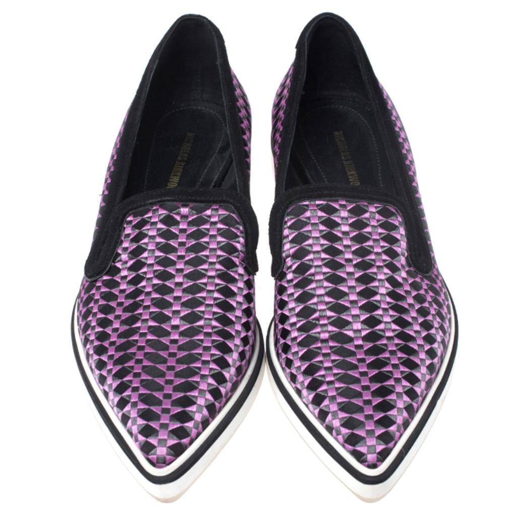 Crafted with satin and suede trims, and styled into an edgy shape, this creation from Nicholas Kirkwood is a blend of luxury and comfort. They feature pretty embroidery all over, pointed toes and comfortable insoles. The loafers are so stylish