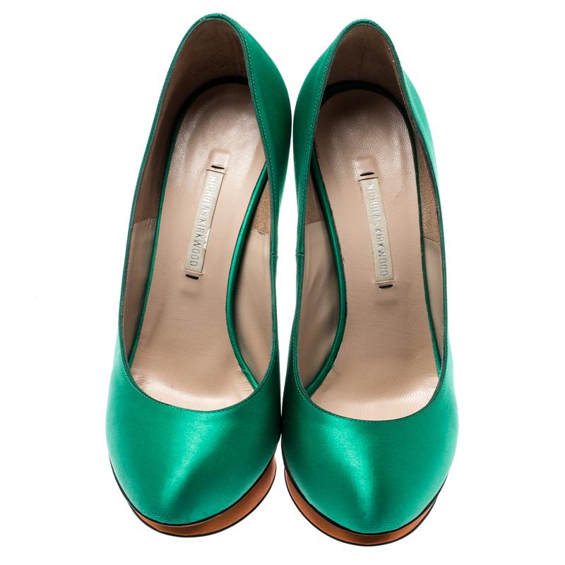 green satin platform heels
