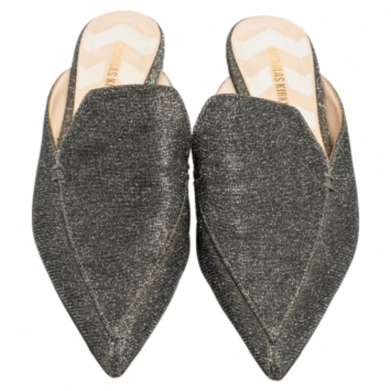 Nicholas Kirkwood Grey Glitter Fabric Beya Flat Pointed-Toe Mules Size 37 For Sale 1