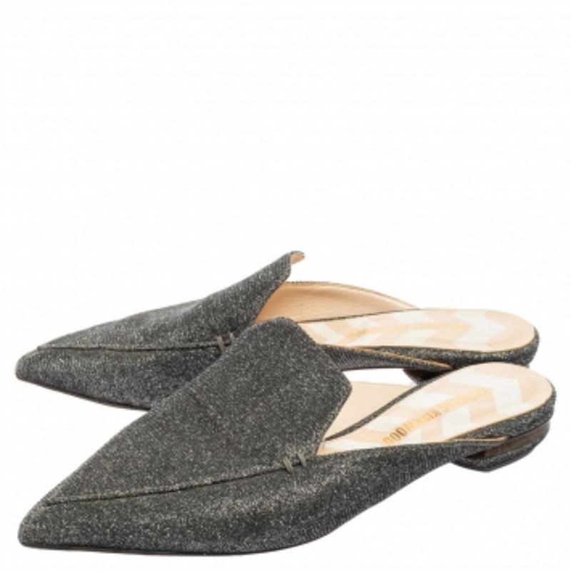 Nicholas Kirkwood Grey Glitter Fabric Beya Flat Pointed-Toe Mules Size 37 For Sale 2