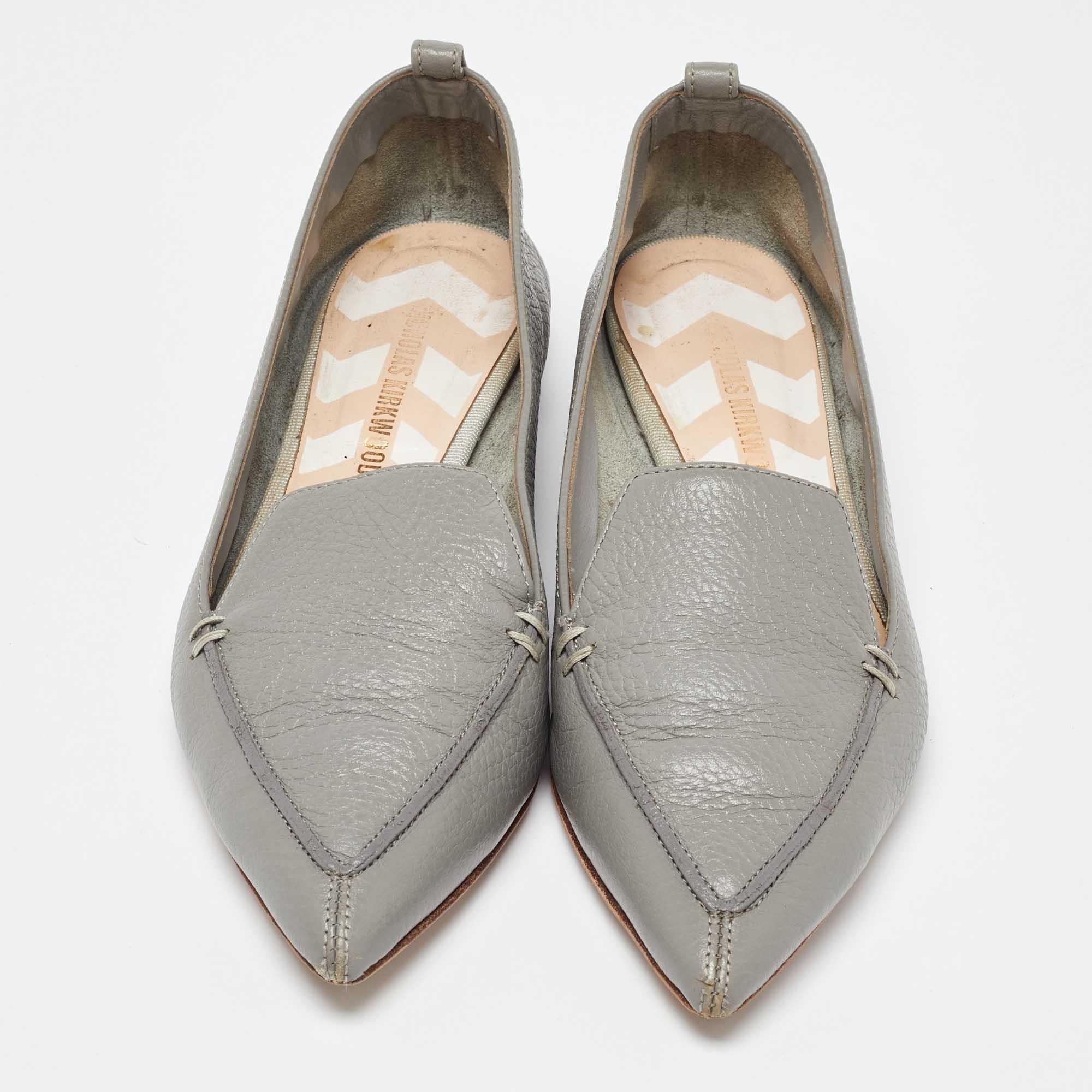 Gray Nicholas Kirkwood Grey Leather Beya Pointed-Toe Loafers Size 38 For Sale