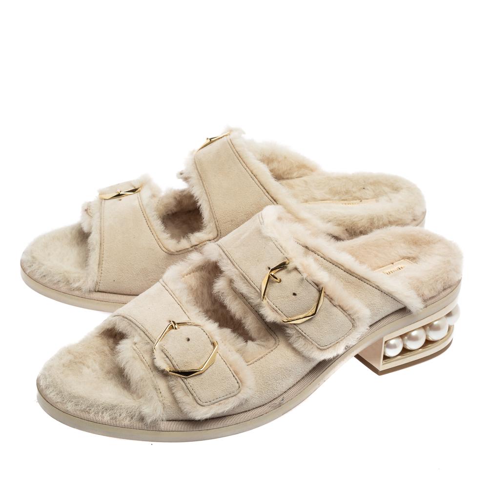 Beige Nicholas Kirkwood Grey Suede Faux Pearl Slide Sandals Size 41