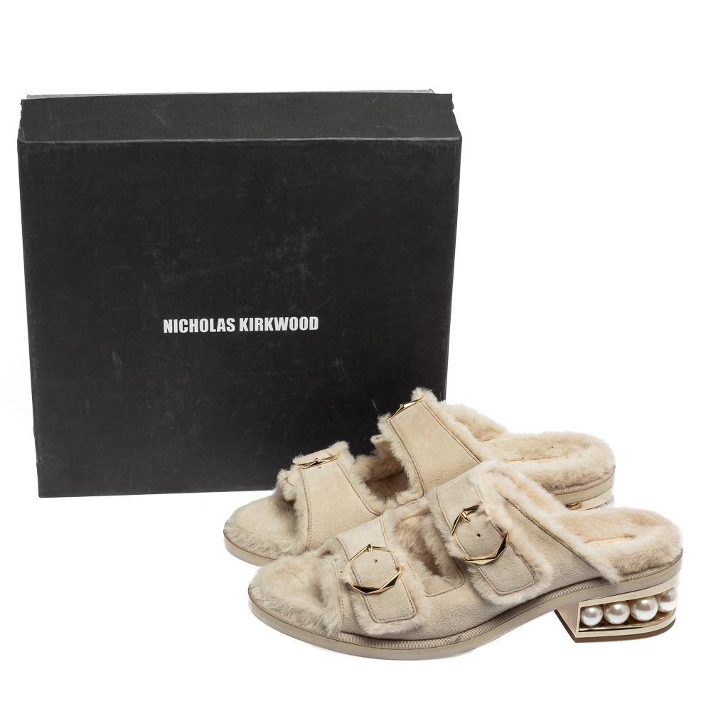 Nicholas Kirkwood Grey Suede Faux Pearl Slide Sandals Size 41 4