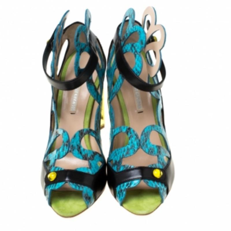Nicholas Kirkwood Laser Cut Python Leather Mirror Block Heels Sandales Size 39 en vente 1