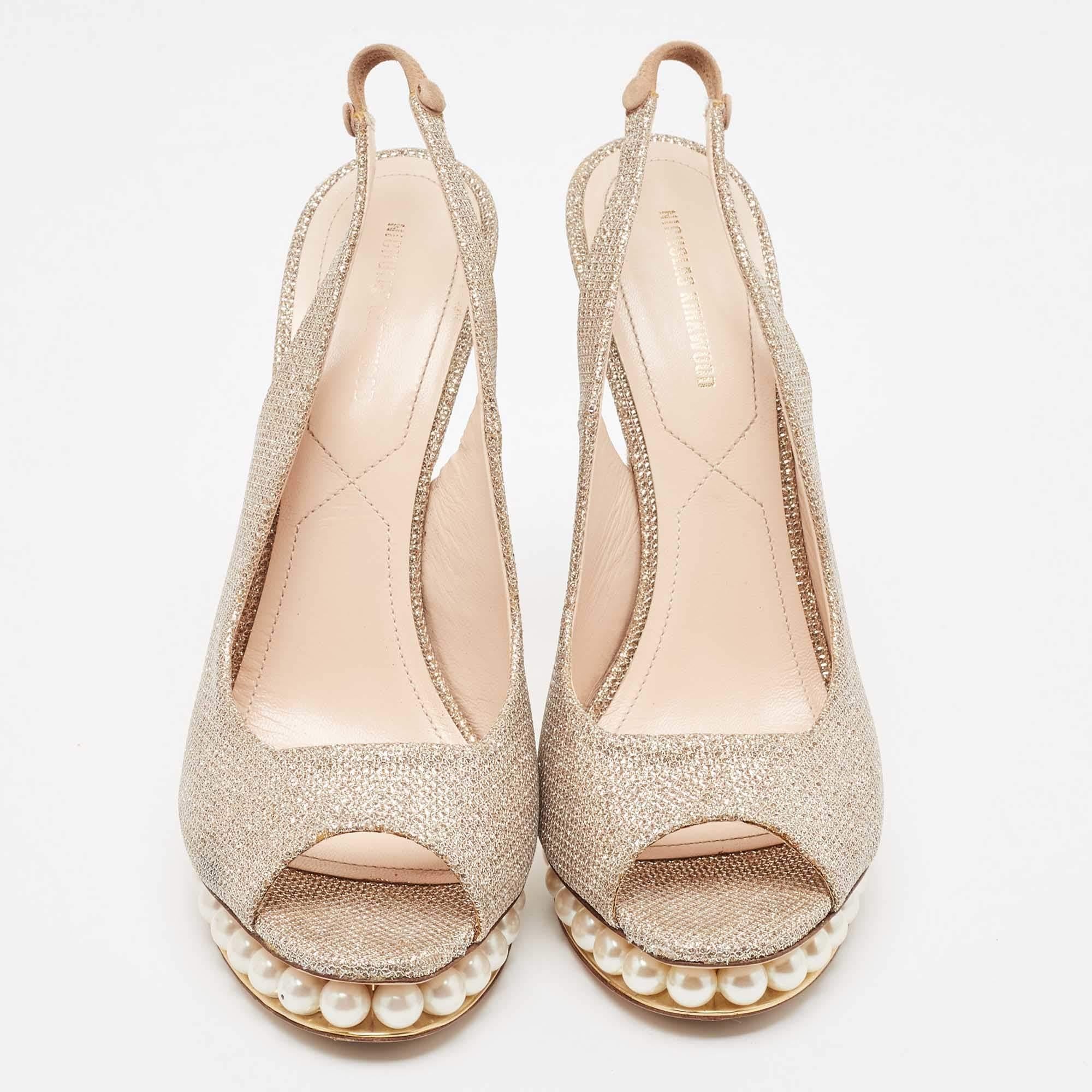 Beige Nicholas Kirkwood Lurex Pearl Embellished Platform Slingback Sandals Size 40