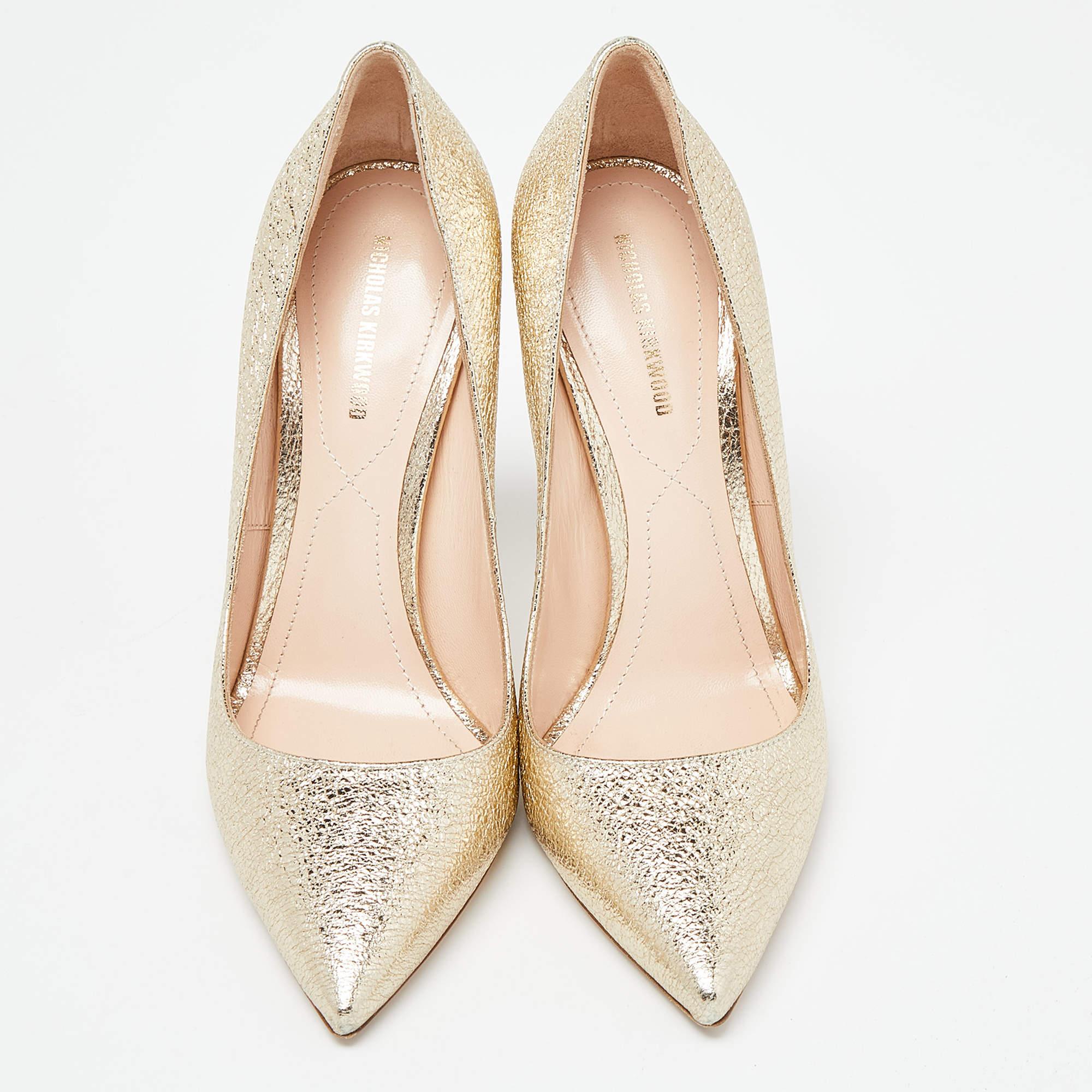 Beige Nicholas Kirkwood Metallic Leather Pearl Embellished Pointed Toe Pumps Size 38