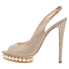 Nicholas Kirkwood Metallic Lurex Fabric Pearl Platform Slingback Sandals Size 40
