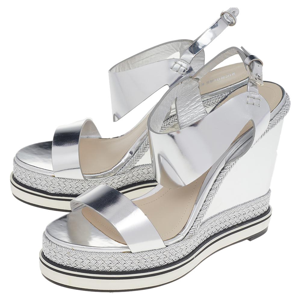 Nicholas Kirkwood Metallic Silver Foil Wedge Espadrille Strap Sandals Size 37.5 1