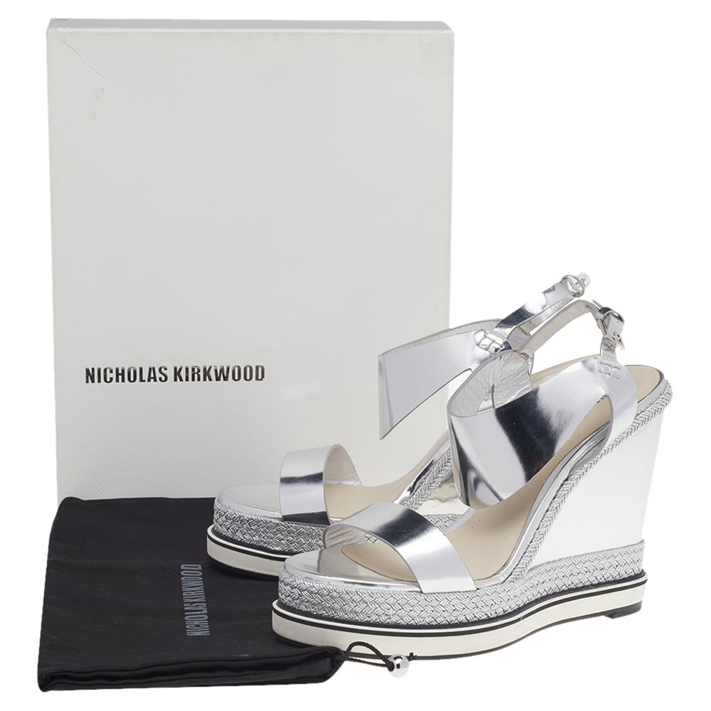 Nicholas Kirkwood Metallic Silver Foil Wedge Espadrille Strap Sandals Size 37.5 2