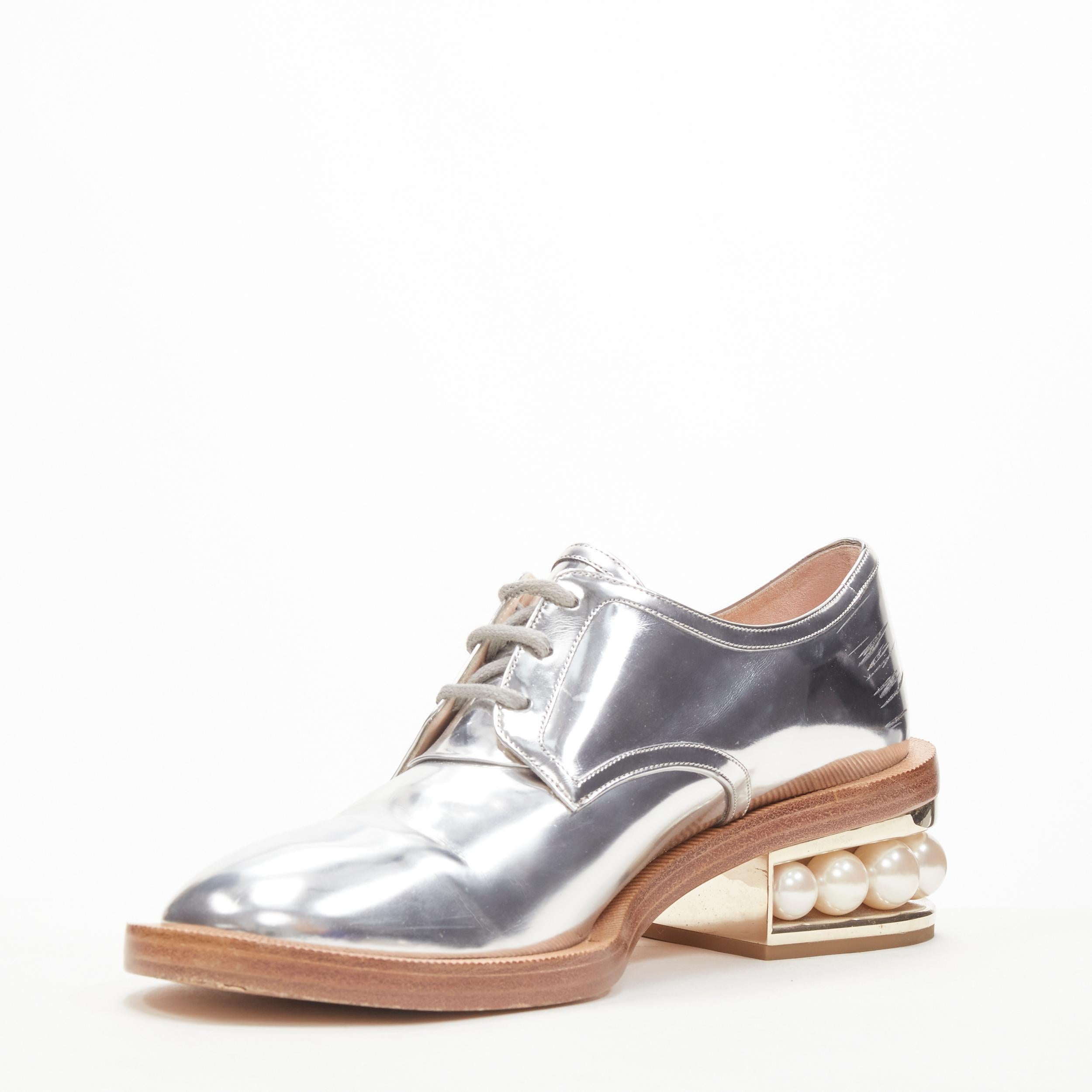 Women's NICHOLAS KIRKWOOD metallic silver pearl embellished gold heel brogue loafer EU39