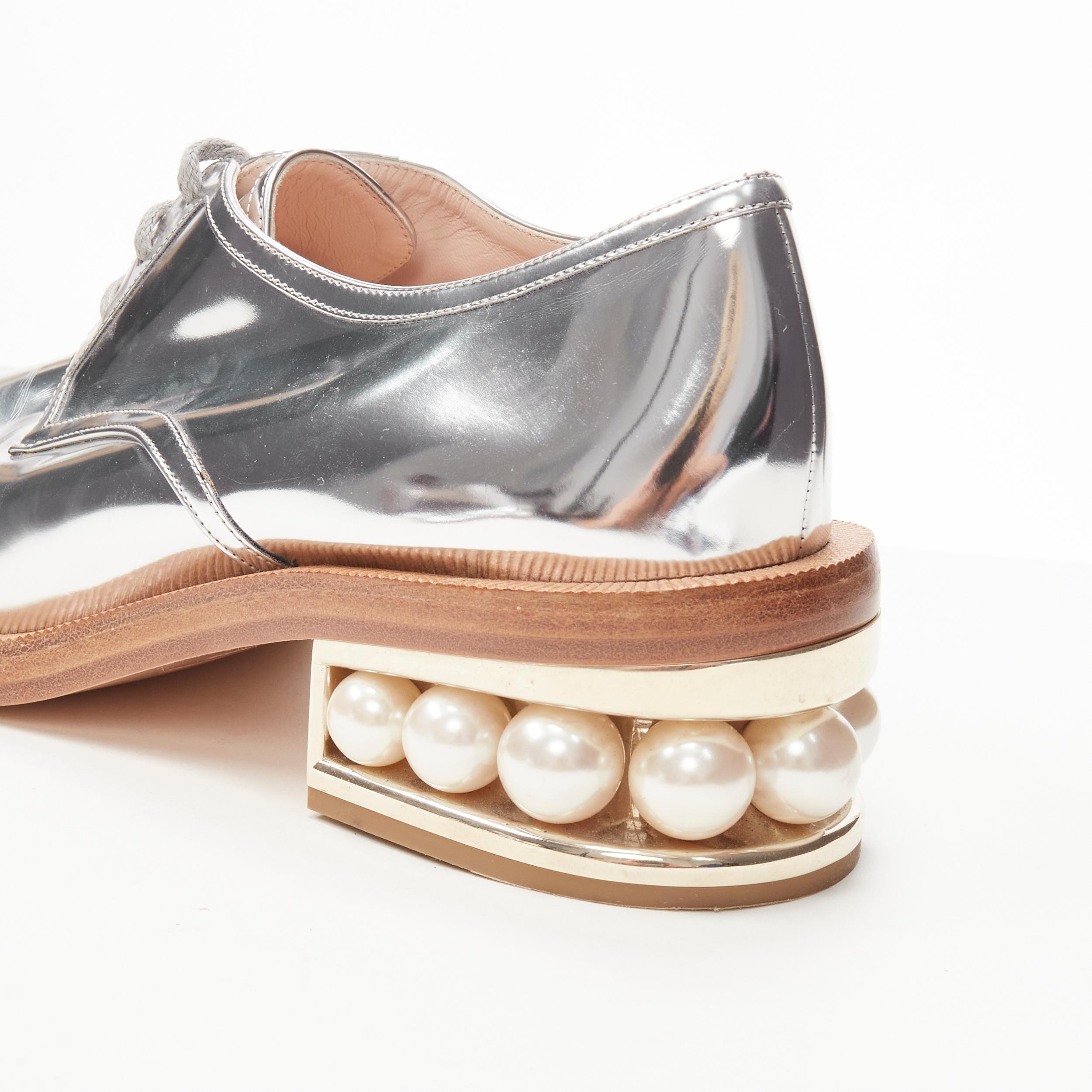 NICHOLAS KIRKWOOD metallic silver pearl embellished gold heel brogue loafer EU39 2