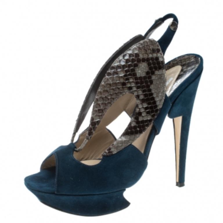 Nicholas Kirkwood Multicolor Wildleder und Python Plateau Slingback Sandalen Größe 37 im Zustand „Gut“ im Angebot in Dubai, Al Qouz 2