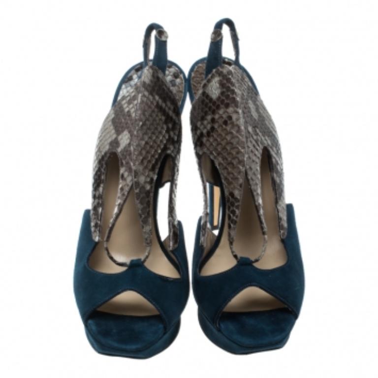 Nicholas Kirkwood Multicolor Wildleder und Python Plateau Slingback Sandalen Größe 37 im Angebot 1