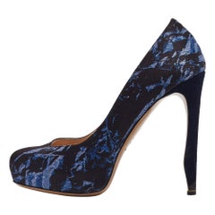 Nicholas Kirkwood Navy Blue Print Satin Platform Pumps Size 37.5