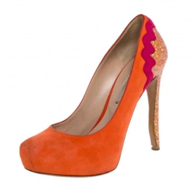 Nicholas Kirkwood Orange Suede And Coarse Glitter Heel Platform Pumps Size 38 In Good Condition For Sale In Dubai, Al Qouz 2