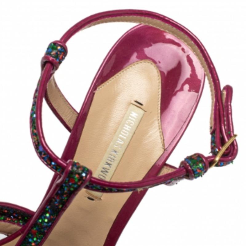 Black Nicholas Kirkwood Patent Leather and Glitter T Strap Platform Sandals Size 39 For Sale
