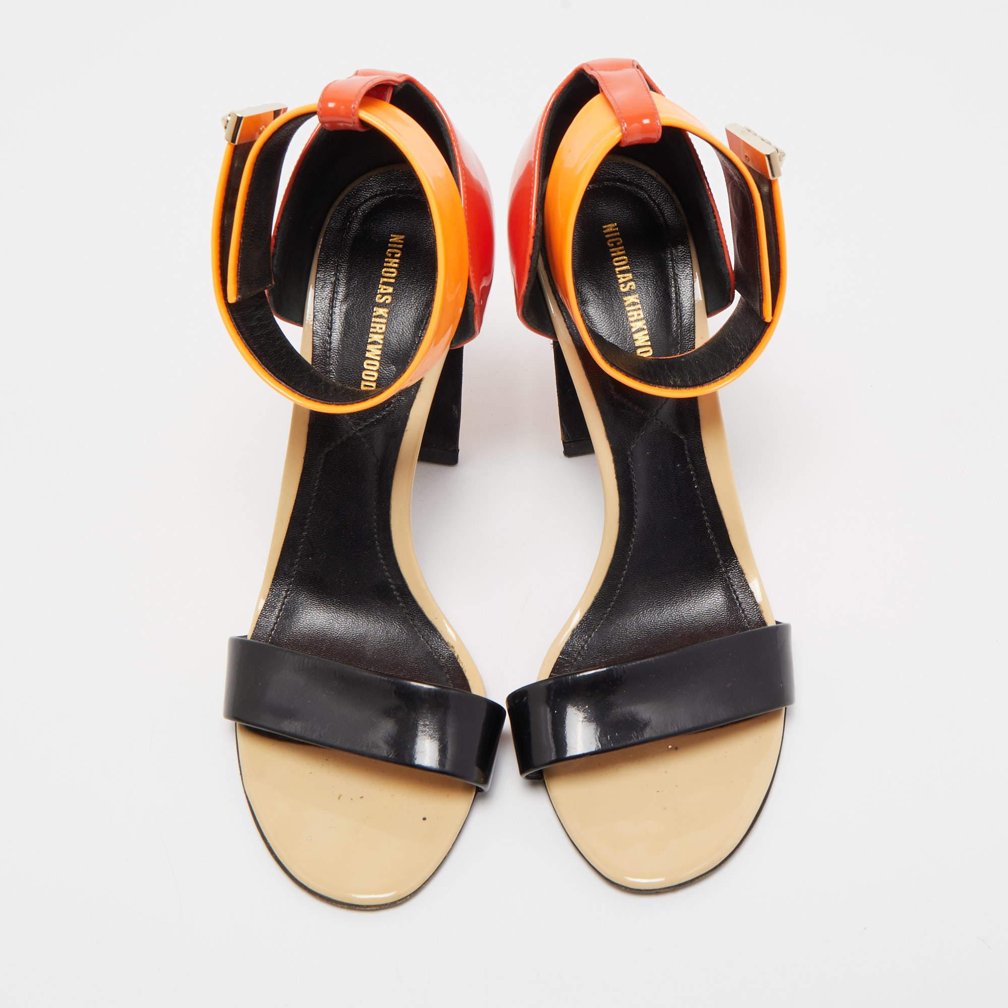 Orange Nicholas Kirkwood Patent Leather Lola Pearl Ankle-Strap Sandals Size 37.5 For Sale