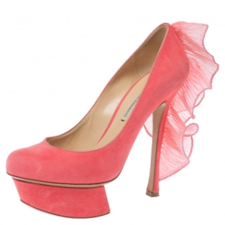 Nicholas Kirkwood Pink Suede Ruffle Trimmed Platform Pumps Size 36.5 For Sale 1
